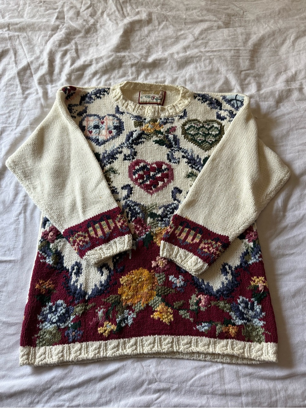 Vintage Crystal Kobe Heart Floral Knit Sweater Cottagecore Ramie Cotton S